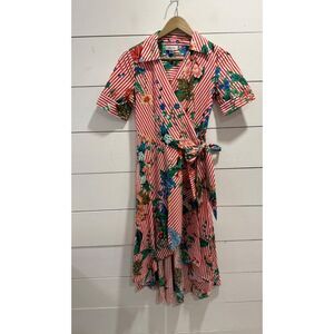 Calvin Klein Red Striped Floral High Low Dress